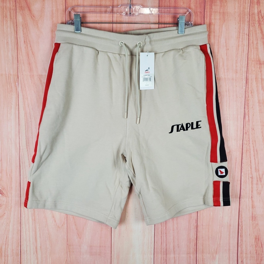 Staple Raceway Shorts Mens Large Beige‎ Logo Cotton Fleece Lined Drawstring